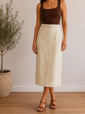 Jeremy Scott Cream Button-Front Midi Skirt with Belt
